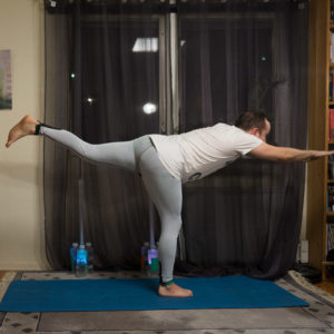 Warrior III Pose in January 8th 2018. I bring a  Warrior3 or  Virabhadrasana3. I tend to angle the foot outwards in this, and have to actively keep that in mind to avoid having foot pointing u