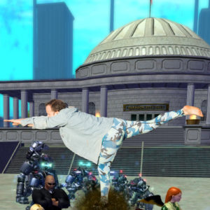 Warrior III Pose in April 15th 2018. I have no appropriate looking courthouse in my area, but my friends from  Cityof Heroes gave me a helping hand.  Seltering in the air in front of the  Para