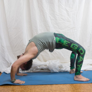 Wheelpose in April 26th 2018. The color of  Heartchakra or  Anahata is green, not pink or red. I think the best drishti for  Upwardbowpose or  Urdva Dhanurasana is as low as possible. Straight backwards, or parallel to the floor works, but the lower the b