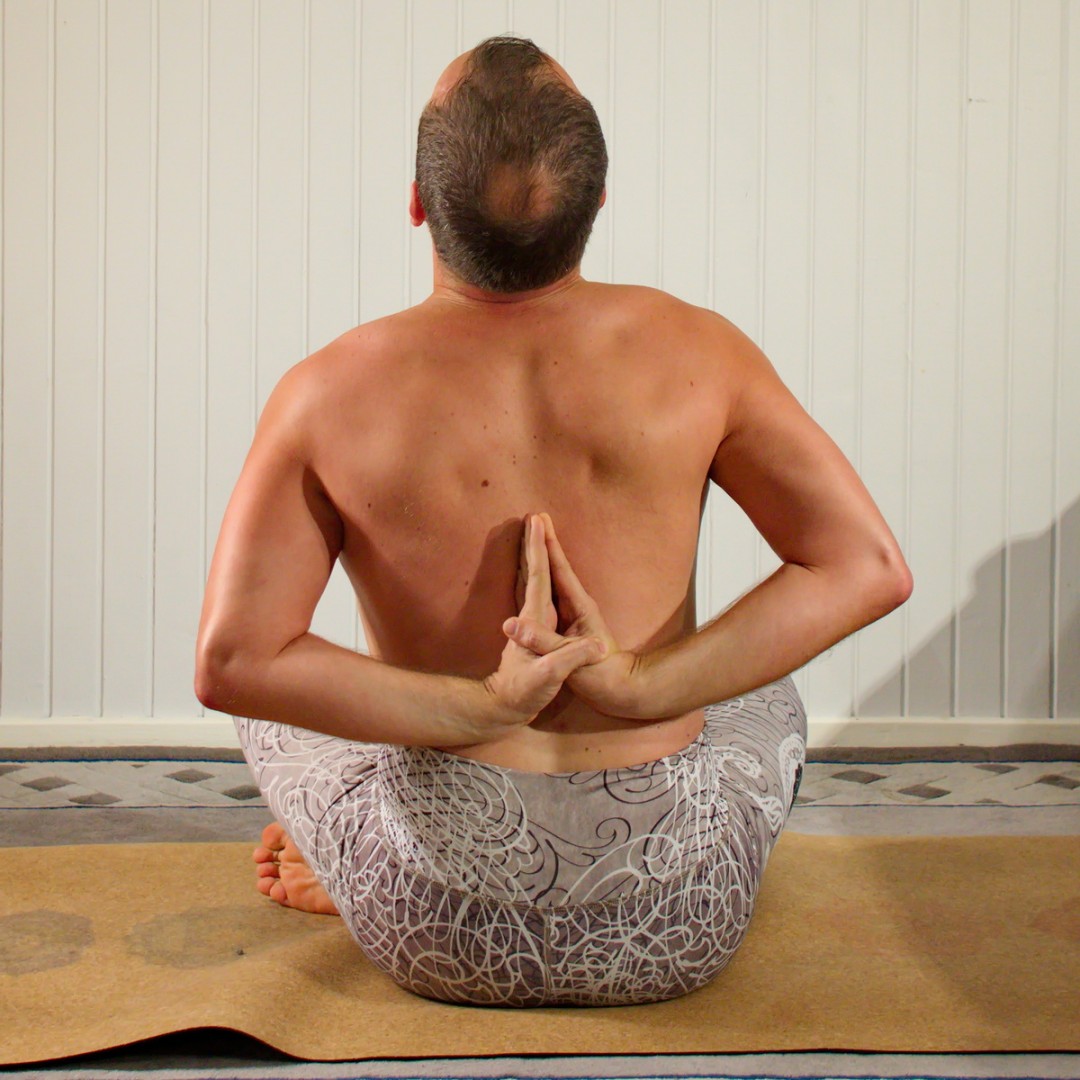 Reverse hands prayer in January 29th 2020. My choice today is Reverseprayerpose or Pashchima Namaskarasana. I did it in sukhasana, the easiest and most convenient seatedpose I know, to focus o