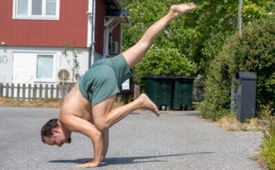 Flying crow pose in June 17th 2023. I follow suit with the arm balance days on the past rounds and bring a Flying crow pose or Eka Pada Kakasana. Both sides are in the first and second slides,